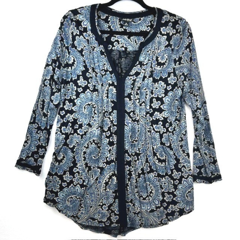 Lucky Brand Paisley Boho Peasant V-Neck Top Womens Medium Blk/Blue Long Sleeve